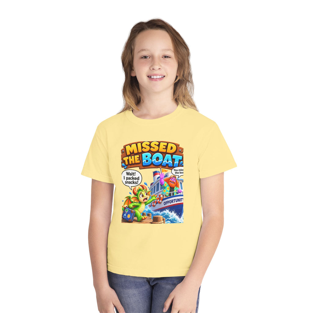 Spiky and Leo Missed The Boat Youth T-shirt in Butter Yellow