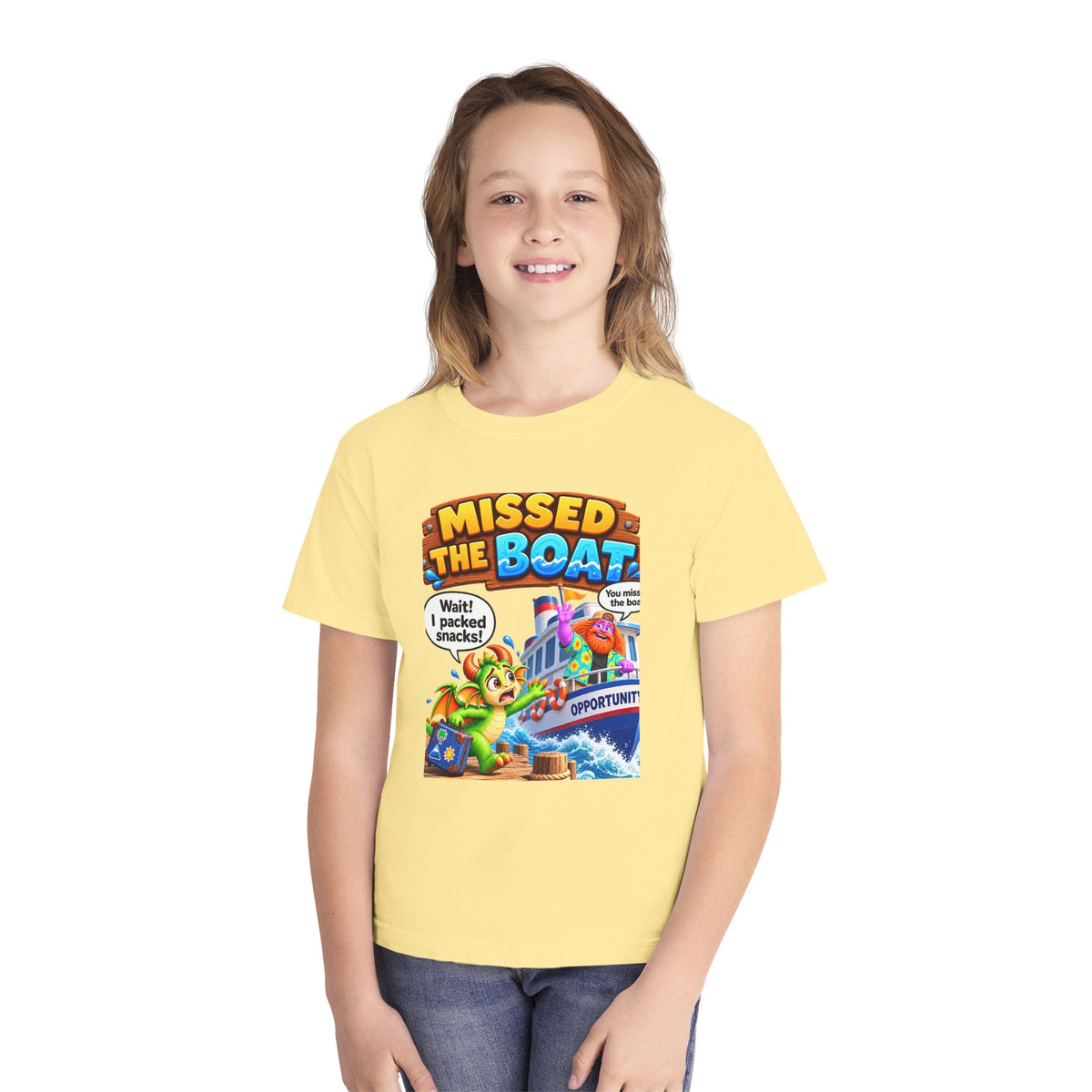 Spiky and Leo Missed The Boat Youth T-shirt in Butter Yellow