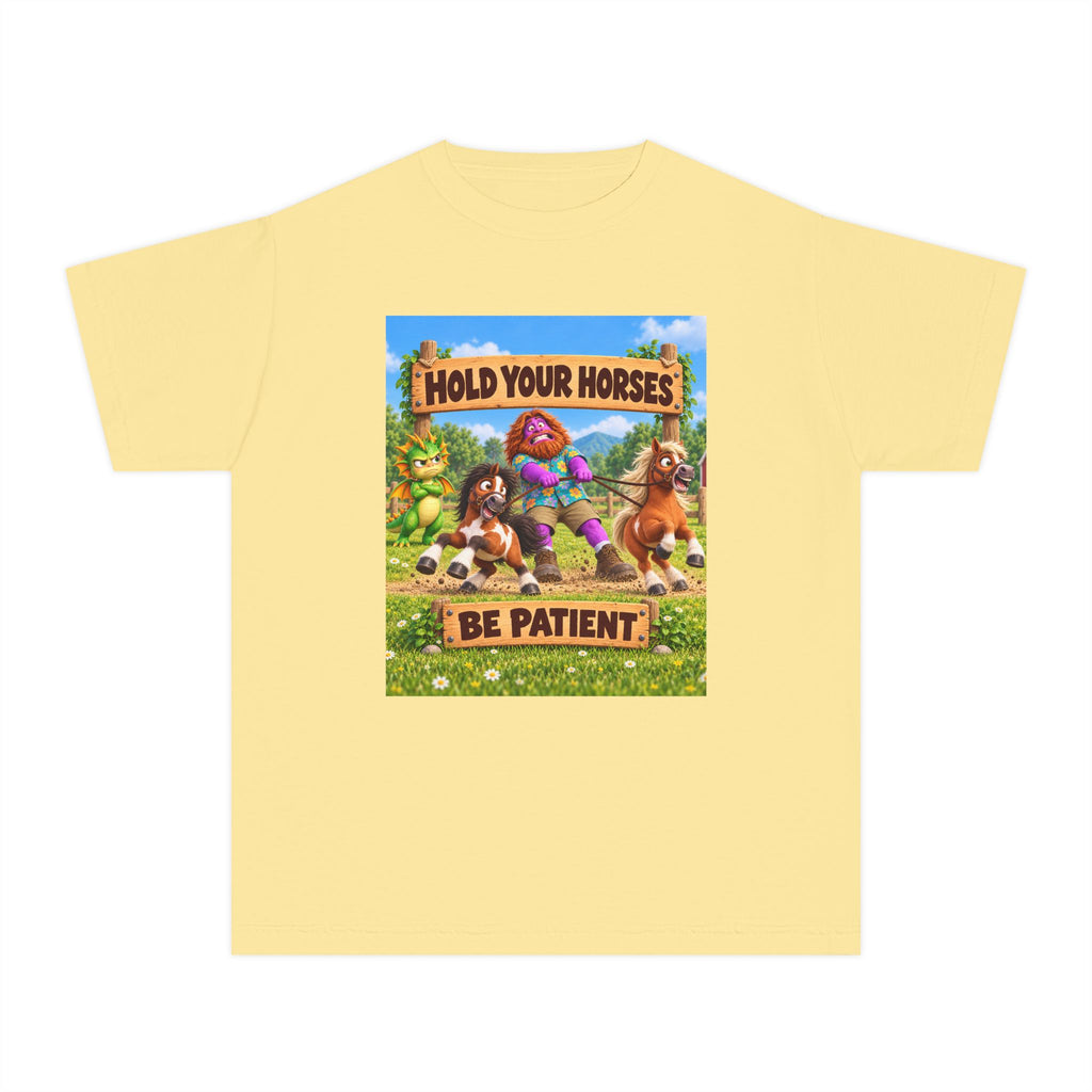 Spiky and Leo: Hold Your Horses – Funny Dragon Idiom Youth T-Shirt