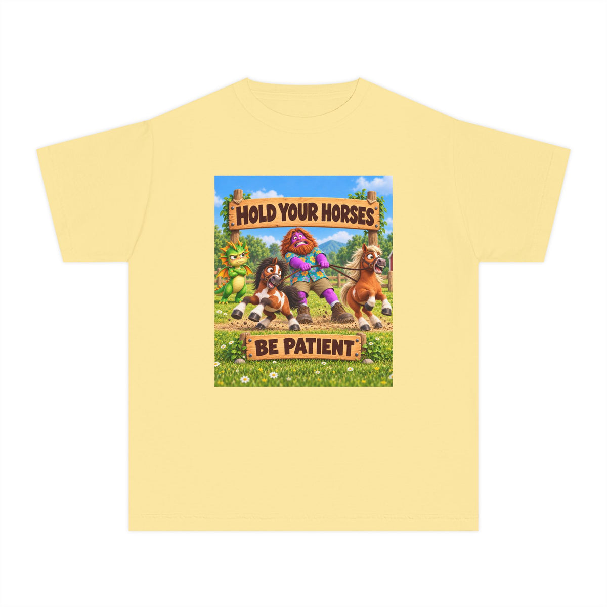 Spiky and Leo: Hold Your Horses – Funny Dragon Idiom Youth T-Shirt
