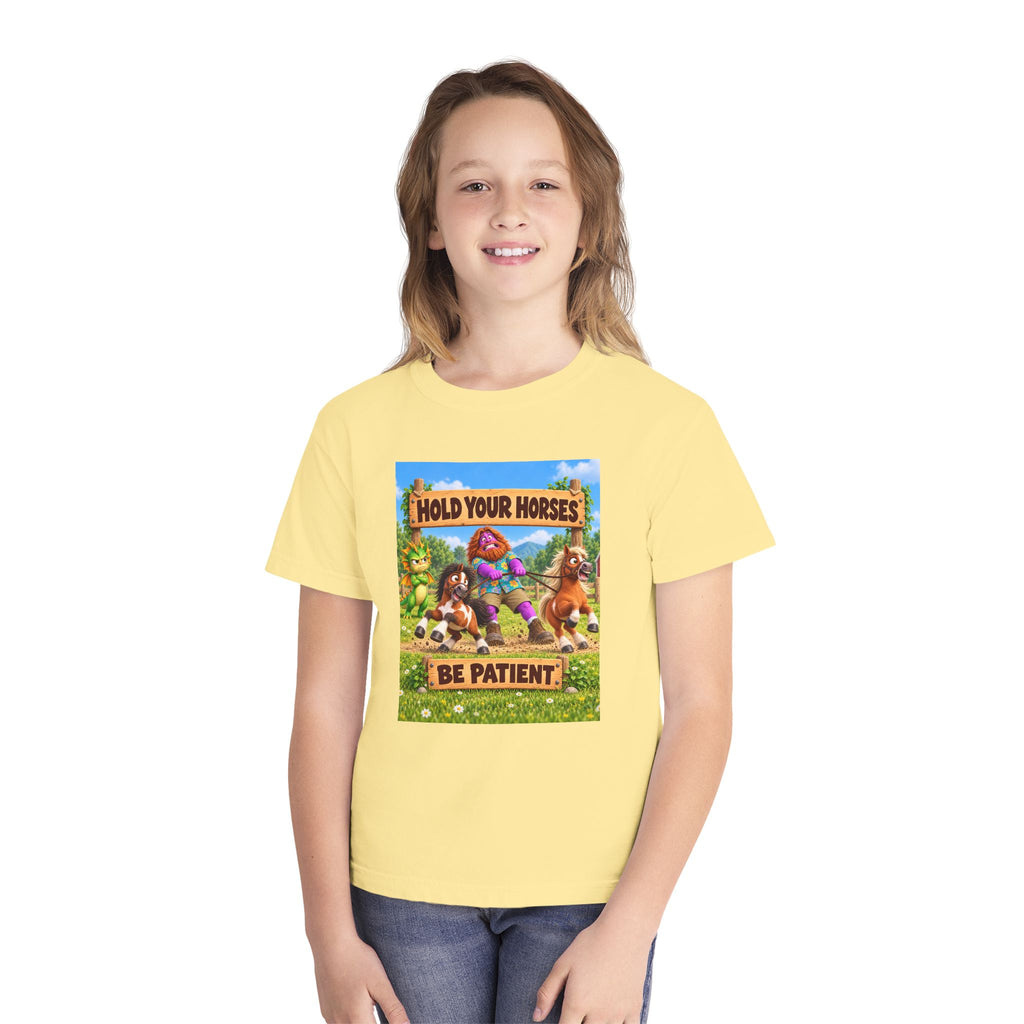 Spiky and Leo: Hold Your Horses – Funny Dragon Idiom Youth T-Shirt